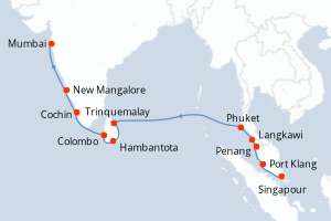 carte itinéraire croisière Mer Rouge Océan Indien 18 jours au départ du port de Singapour
