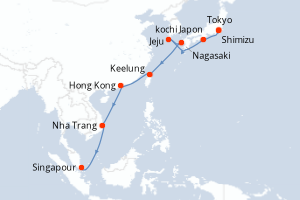 Carte de l'itinéraire de croisière Tokyo-Singapour d'une durée de 15 jours