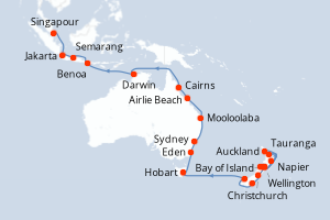 carte itinéraire croisière Asie 35 jours au départ du port de Auckland