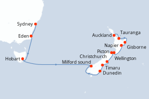 Carte de l'itinéraire de croisière Sydney-Auckland d'une durée de 15 jours