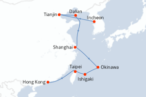 Carte de l'itinéraire de croisière Incheon-Hong Kong d'une durée de 15 jours
