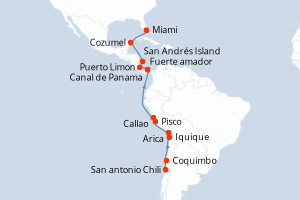 carte itinéraire croisière Caraïbes Bahamas 19 jours au départ du port de San antonio Chili
