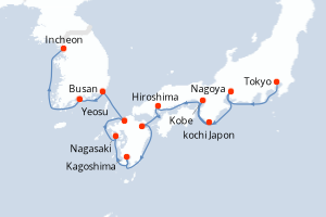 Carte de l'itinéraire de croisière Tokyo-Incheon d'une durée de 14 jours