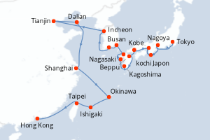 carte itinéraire croisière Asie 29 jours au départ du port de Tokyo