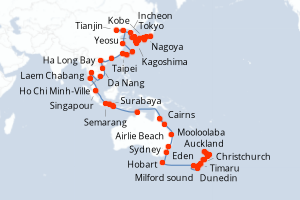 Carte itinéraire croisière Japon, Corée du Sud, Chine, Taïwan, Vietnam, Thaïlande, Singapour, Indonésie, Australie, Nouvelle-Zélande - 78 jours au départ de Tokyo - Australie Nouvelle Zélande