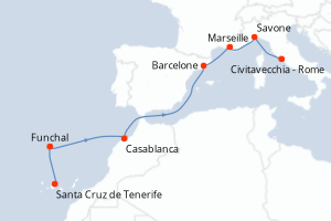 Carte de l'itinéraire de croisière Santa Cruz de Tenerife-Civitavecchia - Rome d'une durée de 8 jours