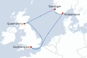 carte itinéraire croisière Fjörds norvégiens 7 jours au départ du port de Southampton