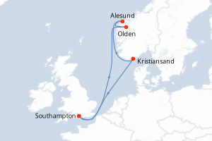 Carte de l'itinéraire de croisière Southampton-Southampton d'une durée de 7 jours