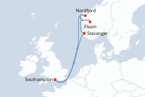 carte itinéraire croisière Fjörds norvégiens 7 jours au départ du port de Southampton