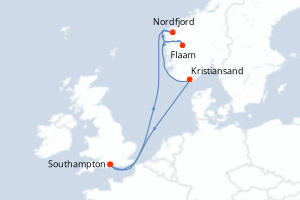 Carte de l'itinéraire de croisière Southampton-Southampton d'une durée de 7 jours