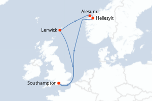 carte itinéraire croisière Fjörds norvégiens 7 jours au départ du port de Southampton