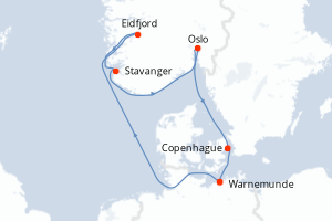 Carte de l'itinéraire de croisière Warnemunde-Warnemunde d'une durée de 7 jours