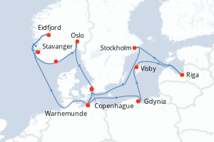 carte itinéraire croisière Fjörds norvégiens 15 jours au départ du port de Copenhague