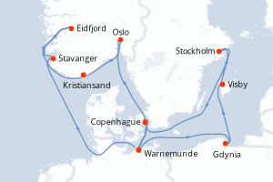 Carte de l'itinéraire de croisière Copenhague-Copenhague d'une durée de 14 jours