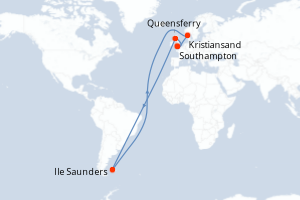 Carte de l'itinéraire de croisière Southampton-Southampton d'une durée de 7 jours