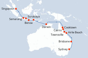 Carte de l'itinéraire de croisière Singapour-Sydney d'une durée de 18 jours