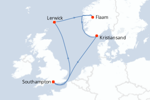 Carte de l'itinéraire de croisière Southampton-Southampton d'une durée de 7 jours