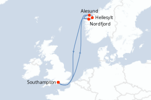 Carte de l'itinéraire de croisière Southampton-Southampton d'une durée de 7 jours