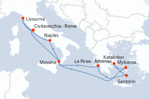 carte itinéraire croisière Sicile 9 jours au départ du port de Civitavecchia - Rome
