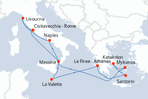 Carte de l'itinéraire de croisière Civitavecchia - Rome-Civitavecchia - Rome d'une durée de 10 jours