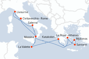 carte itinéraire croisière Sicile 10 jours au départ du port de Civitavecchia - Rome