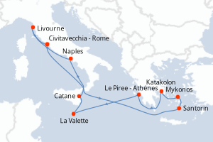 carte itinéraire croisière Sicile 10 jours au départ du port de Civitavecchia - Rome