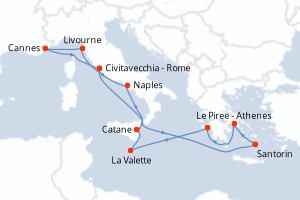 carte itinéraire croisière Sicile 10 jours au départ du port de Civitavecchia - Rome