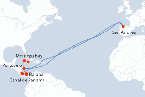 Carte de l'itinéraire de croisière Balboa-Montego Bay d'une durée de 14 jours