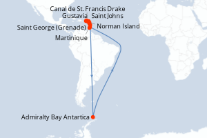 Carte itinéraire croisière Antigua à Grenade - 10 jours au départ de Saint Johns - Caraïbes Bahamas