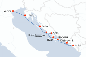 Carte de l'itinéraire de croisière Venise-Dubrovnik d'une durée de 7 jours