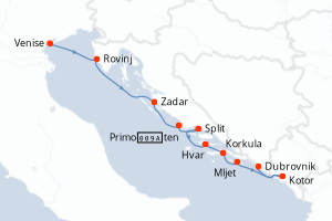 Carte de l'itinéraire de croisière Venise-Dubrovnik d'une durée de 7 jours