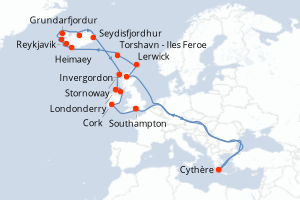 carte itinéraire croisière Europe du Nord 20 jours au départ du port de Southampton