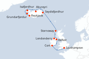carte itinéraire croisière Europe du Nord 12 jours au départ du port de Reykjavik