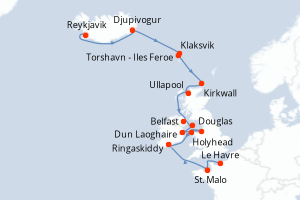 carte itinéraire croisière Europe du Nord 15 jours au départ du port de Reykjavik