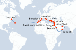 carte itinéraire croisière Amérique du Nord 37 jours au départ du port de Abu Dhabi