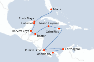 carte itinéraire croisière Canal de Panama 14 jours au départ du port de Miami