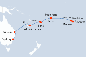 Carte de l'itinéraire de croisière Papeete-Sydney d'une durée de 21 jours