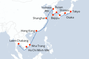 Carte de l'itinéraire de croisière Tokyo-Laem Chabang d'une durée de 20 jours