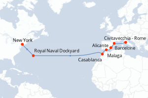 carte itinéraire croisière Transatlantique 14 jours au départ du port de Civitavecchia - Rome