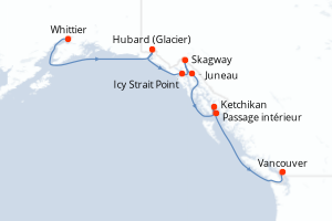 Carte de l'itinéraire de croisière Whittier-Vancouver d'une durée de 7 jours
