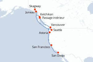 carte itinéraire croisière Amérique du Nord 12 jours au départ du port de Vancouver