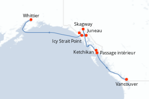 Carte de l'itinéraire de croisière Vancouver-Whittier d'une durée de 7 jours
