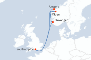 carte itinéraire croisière Fjörds norvégiens 7 jours au départ du port de Southampton