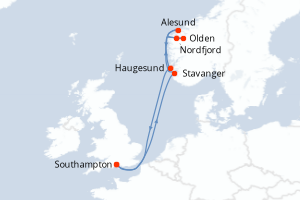 Carte de l'itinéraire de croisière Southampton-Southampton d'une durée de 7 jours