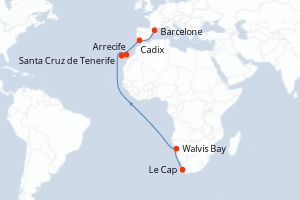 carte itinéraire croisière Méditerranée 18 jours au départ du port de Le Cap