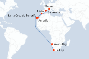 carte itinéraire croisière Méditerranée 19 jours au départ du port de Le Cap