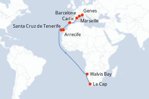 carte itinéraire croisière Méditerranée 20 jours au départ du port de Le Cap