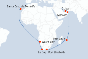 carte itinéraire croisière Moyen-Orient Dubaï 30 jours au départ du port de Santa Cruz de Tenerife