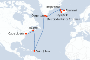 carte itinéraire croisière Europe du Nord 12 jours au départ du port de Cape Liberty