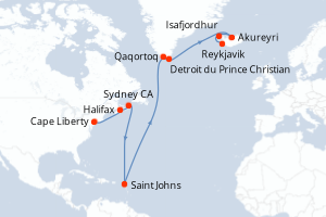 Carte de l'itinéraire de croisière Cape Liberty-Saint Johns d'une durée de 13 jours